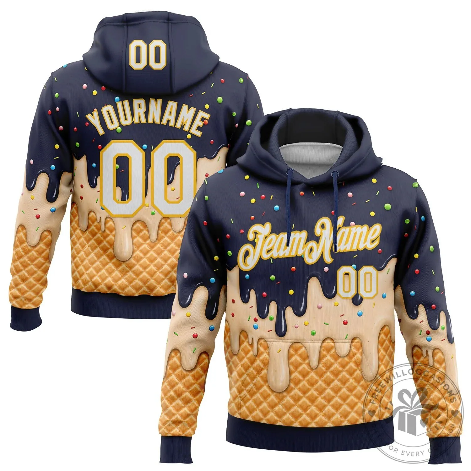 Custom Ice Cream Waffle Foodie Dessert Pullover Hoodie with Sprinkles