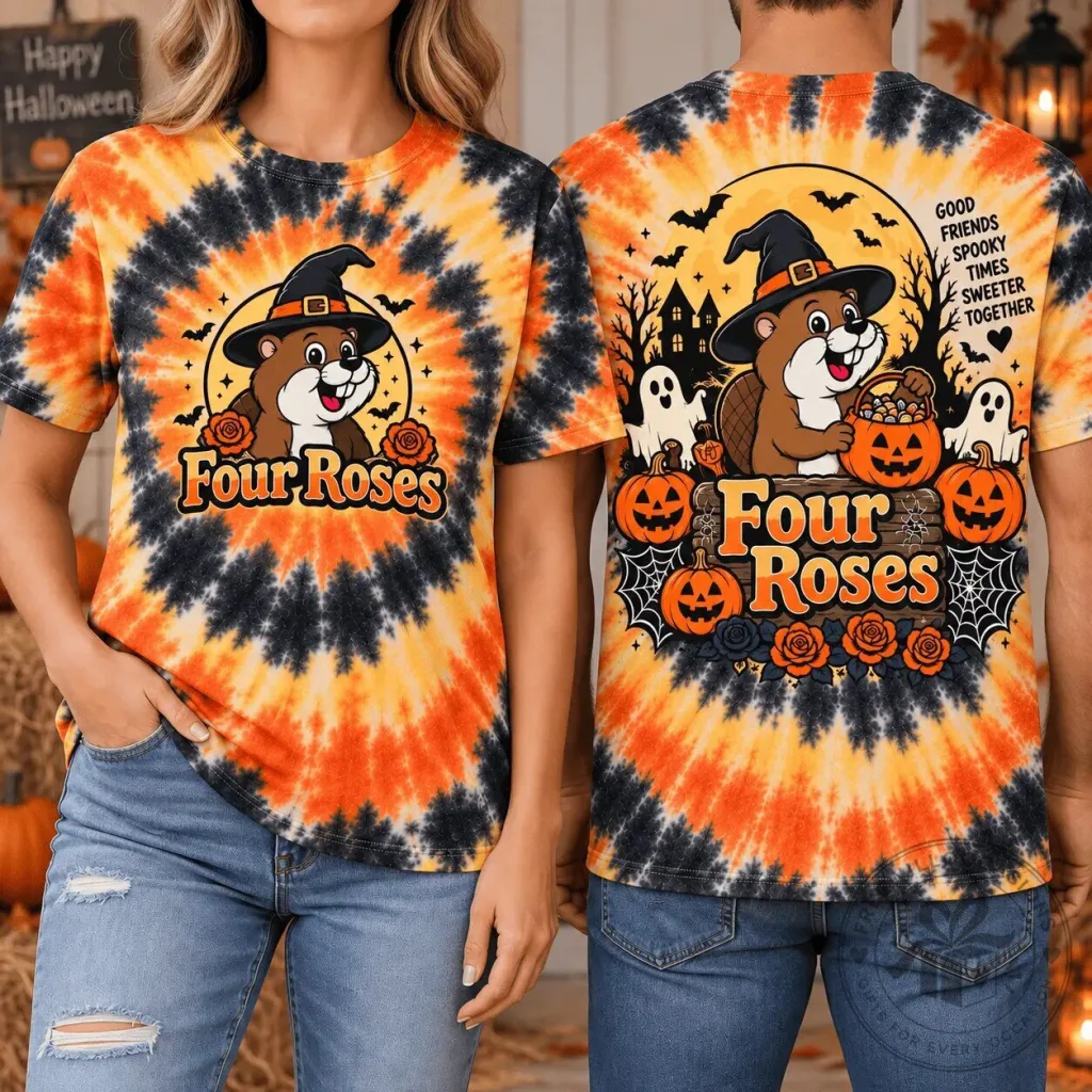 Buc-ee's Four Roses Halloween Tie-Dye Beaver and Ghost Spooky Nights T-Shirt Buc-ee's Four Roses Halloween Tie-Dye Beaver and Ghost Spooky Nights T-Shirt