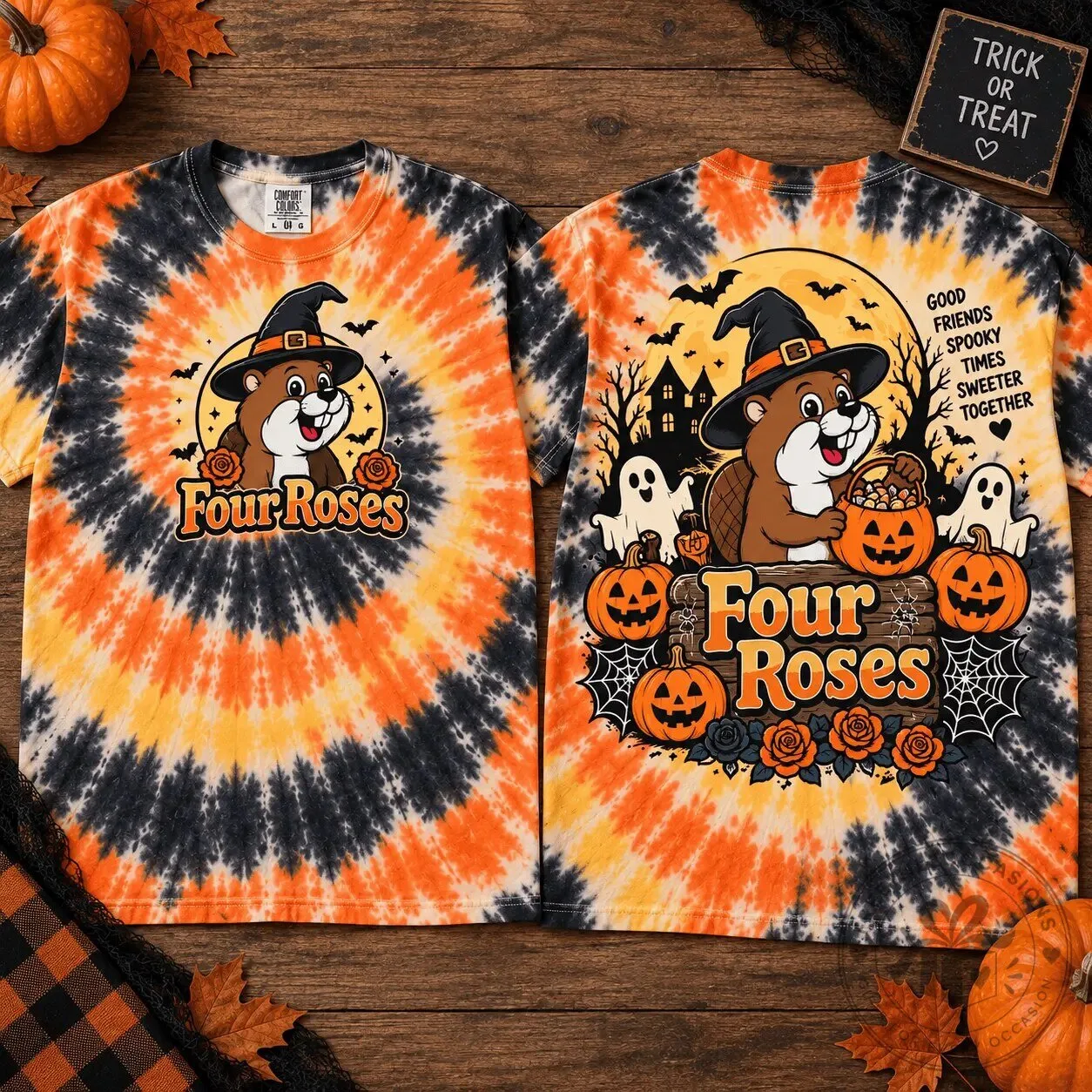 Buc-ee's Four Roses Halloween Tie-Dye Beaver and Ghost Spooky Nights T-Shirt 7 Buc-ee