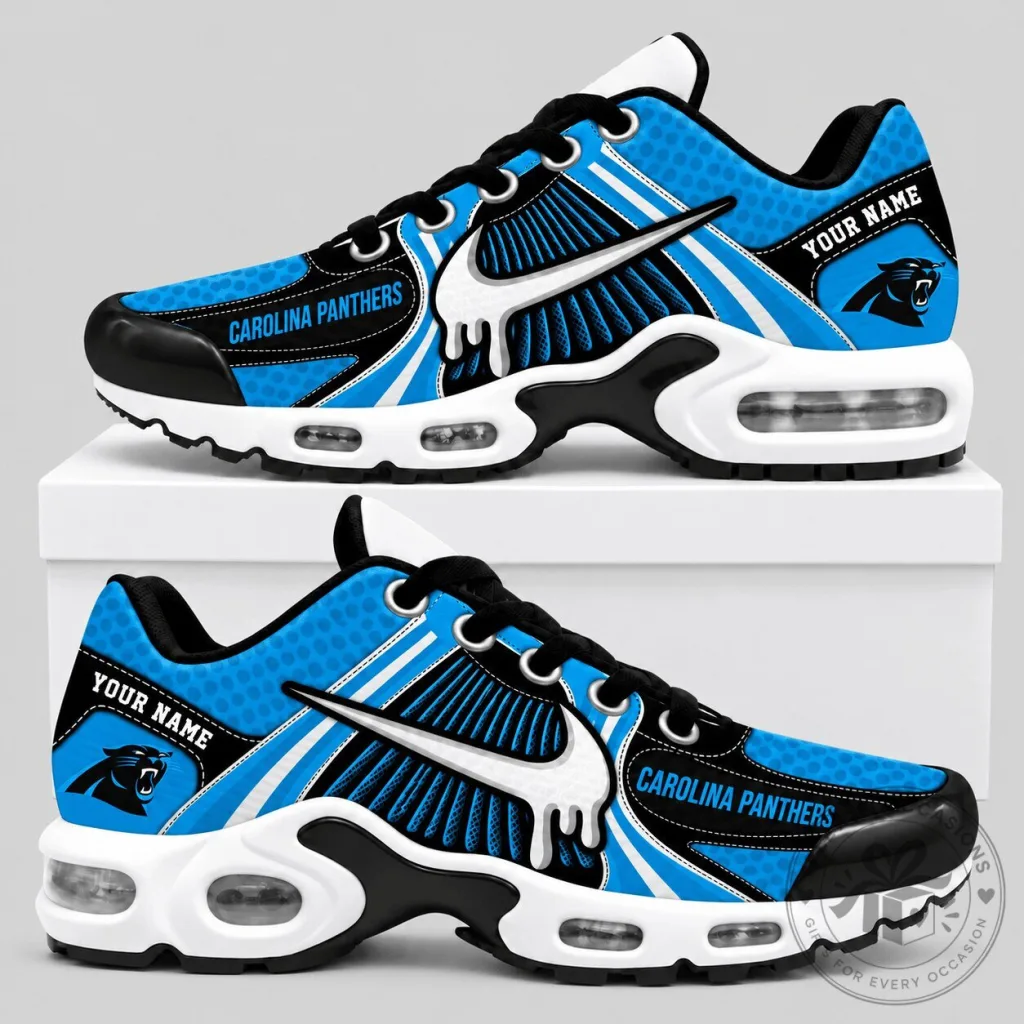 Carolina Panthers NFL Custom Name Blue Black White Drip Design Sneakers Carolina Panthers NFL Custom Name Blue Black White Drip Design Sneakers