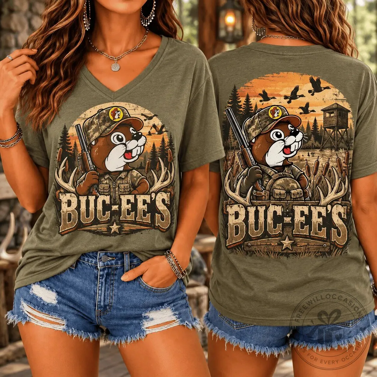 Buc-ee's Western Ranch Hunting Beaver Graphic V-Neck T-Shirt 2 Buc-ee's Western Ranch Hunting Beaver Graphic V-Neck T-Shirt