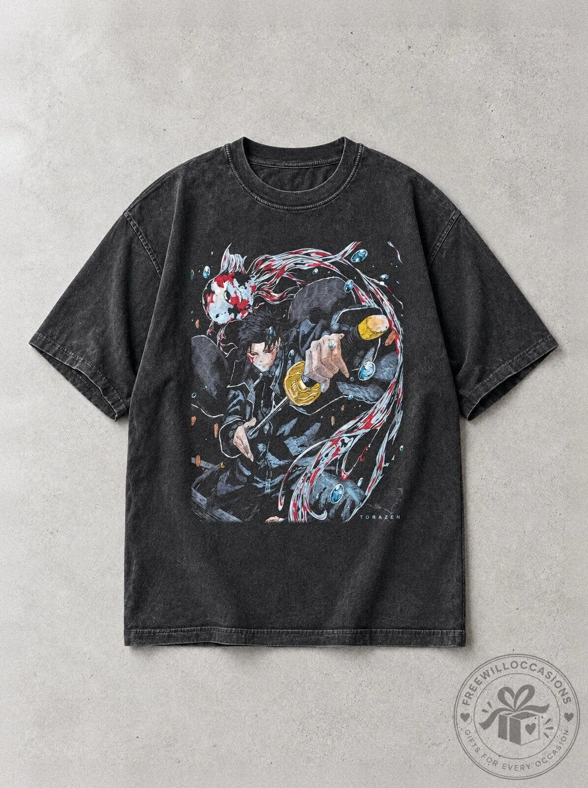 Demon Slayer Giyu Tomioka Water Hashira Anime Graphic Washed Black T-Shirt