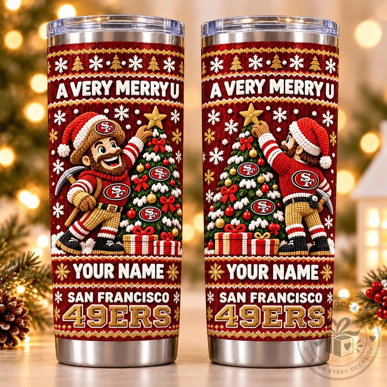 San Francisco 49ers A Very Merry Christmas Custom Name Ugly Sweater Tumbler