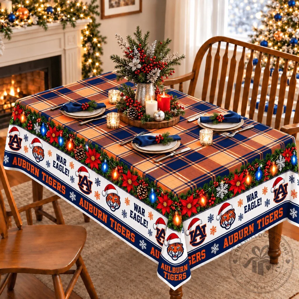 Auburn Tigers Christmas Plaid Holiday Tablecloth with Santa Hats Auburn Tigers Christmas Plaid Holiday Tablecloth with Santa Hats