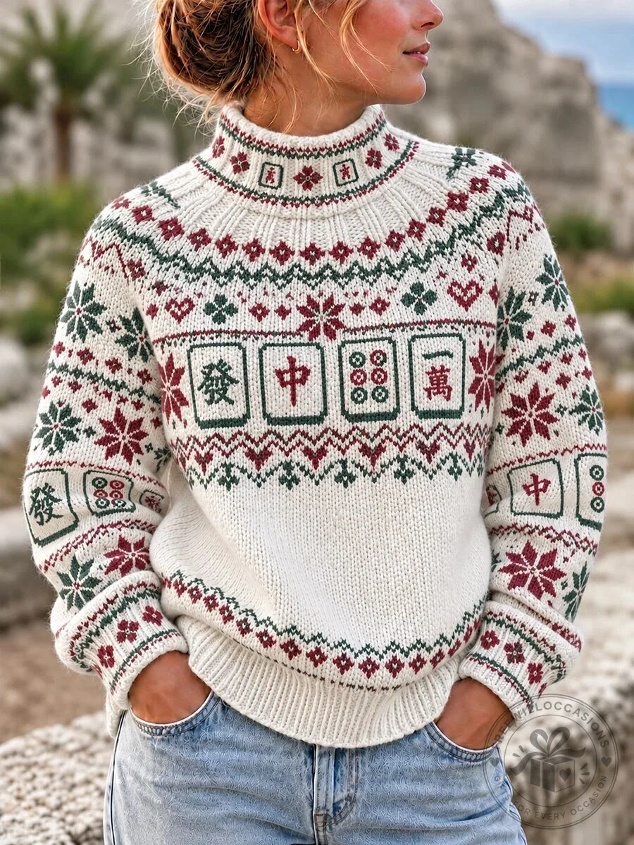 Women's Christmas Mahjong Tile Pattern Fair Isle Knitted Sweater