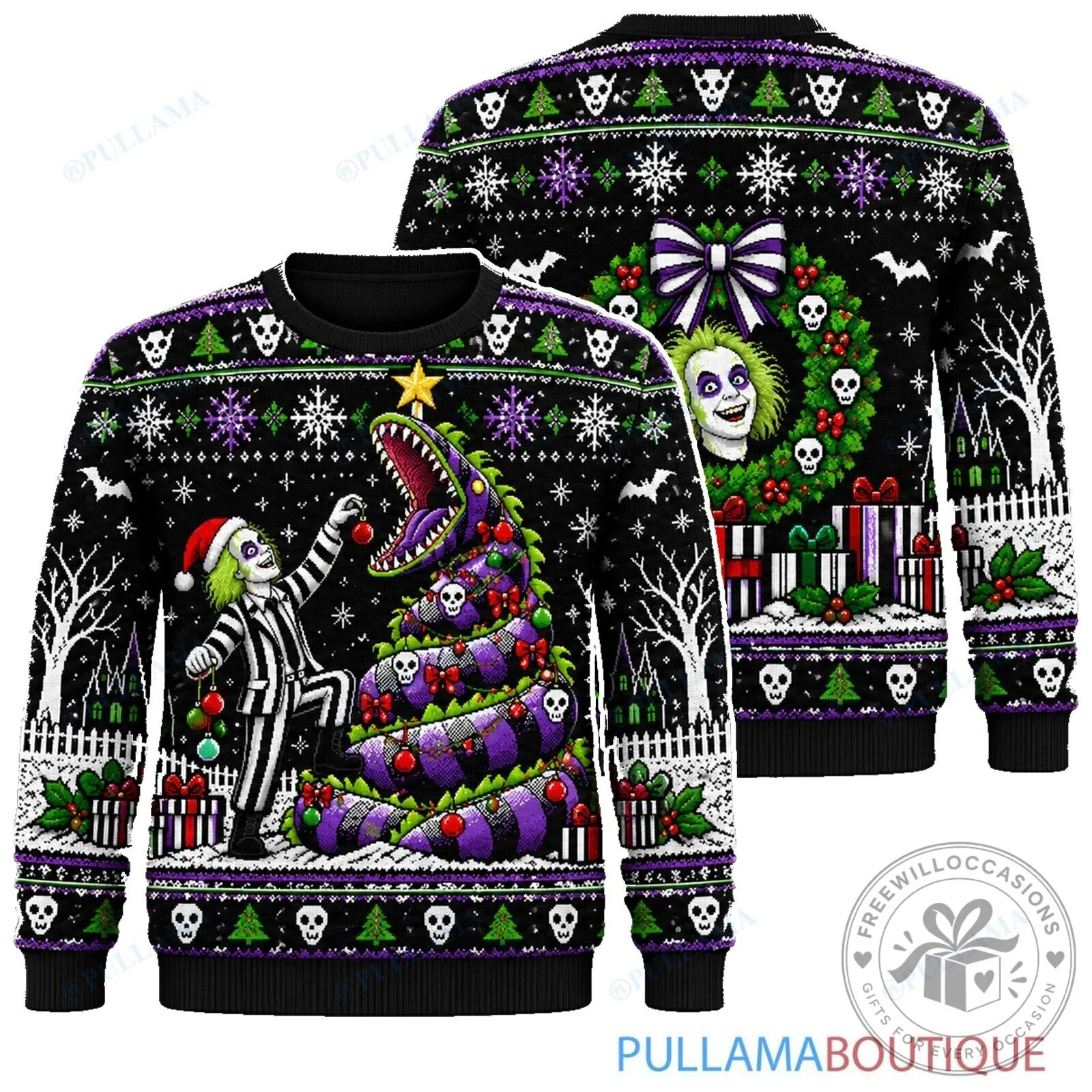 Beetlejuice Sandworm Tree Decorating Holiday Ugly Christmas Sweater