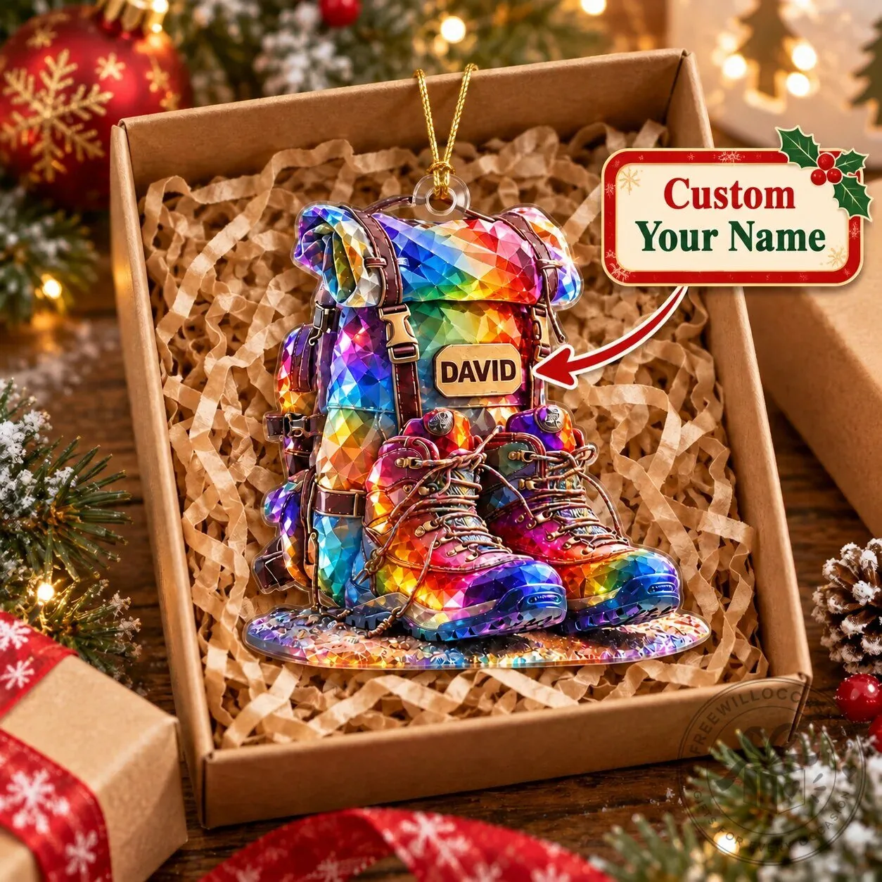 Personalized Hiking Backpack and Boots Christmas Ornament