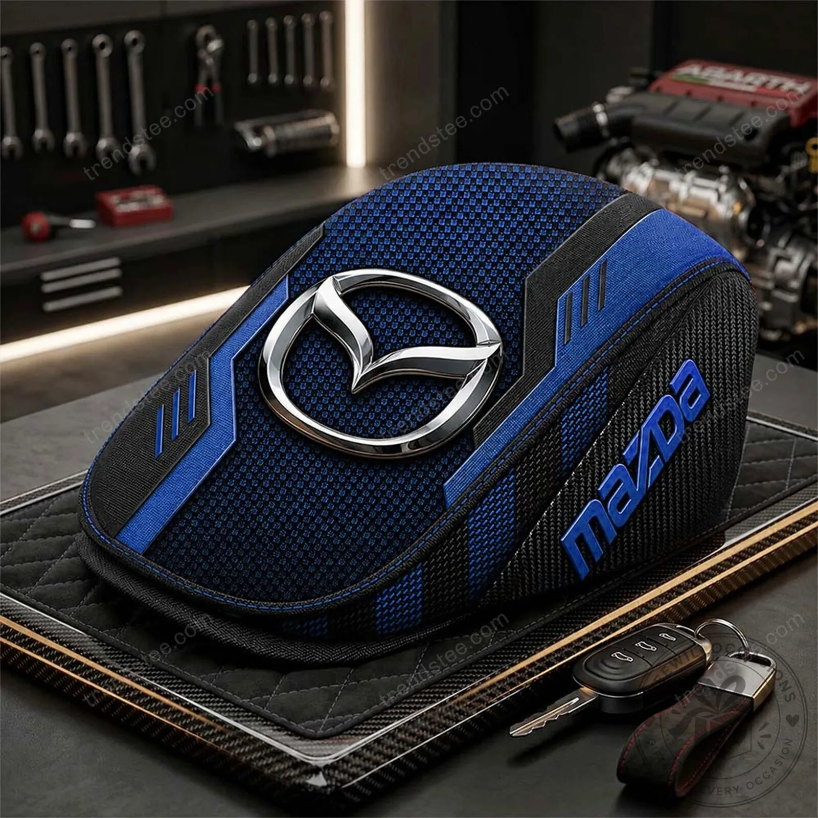Mazda Blue and Black Geometric Pattern Flat Cap Hat for Car Enthusiasts