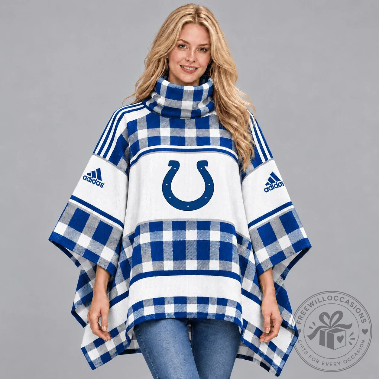 Indianapolis Colts Women's Blue Plaid Adidas Logo Poncho with High Collar 3 Indianapolis Colts Women